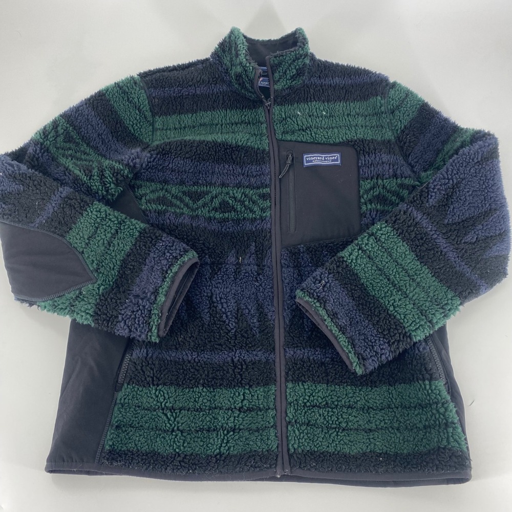 Vineyard Vines Fleece Jacket Mens Medium Green‎ Navy Stripe Full Zip Sherpa